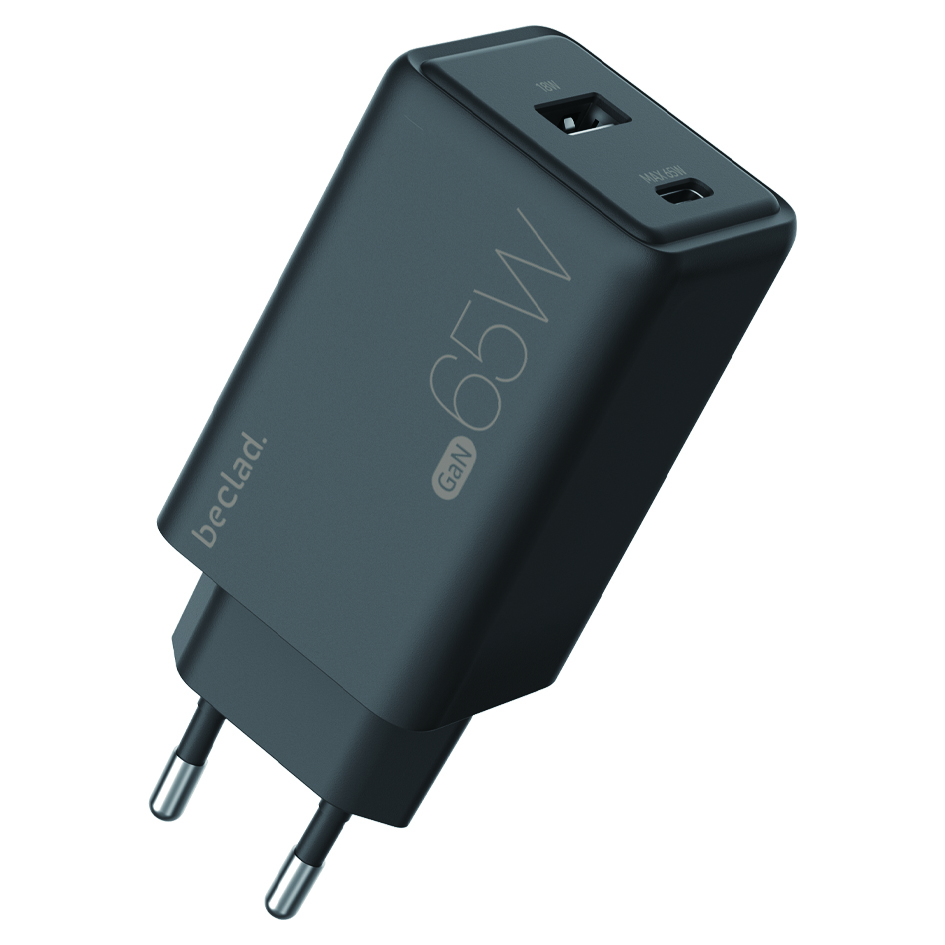 beclad. 65W 2 Port  Travel Adapter (C+A) BLACK BE-PT765BG-GR