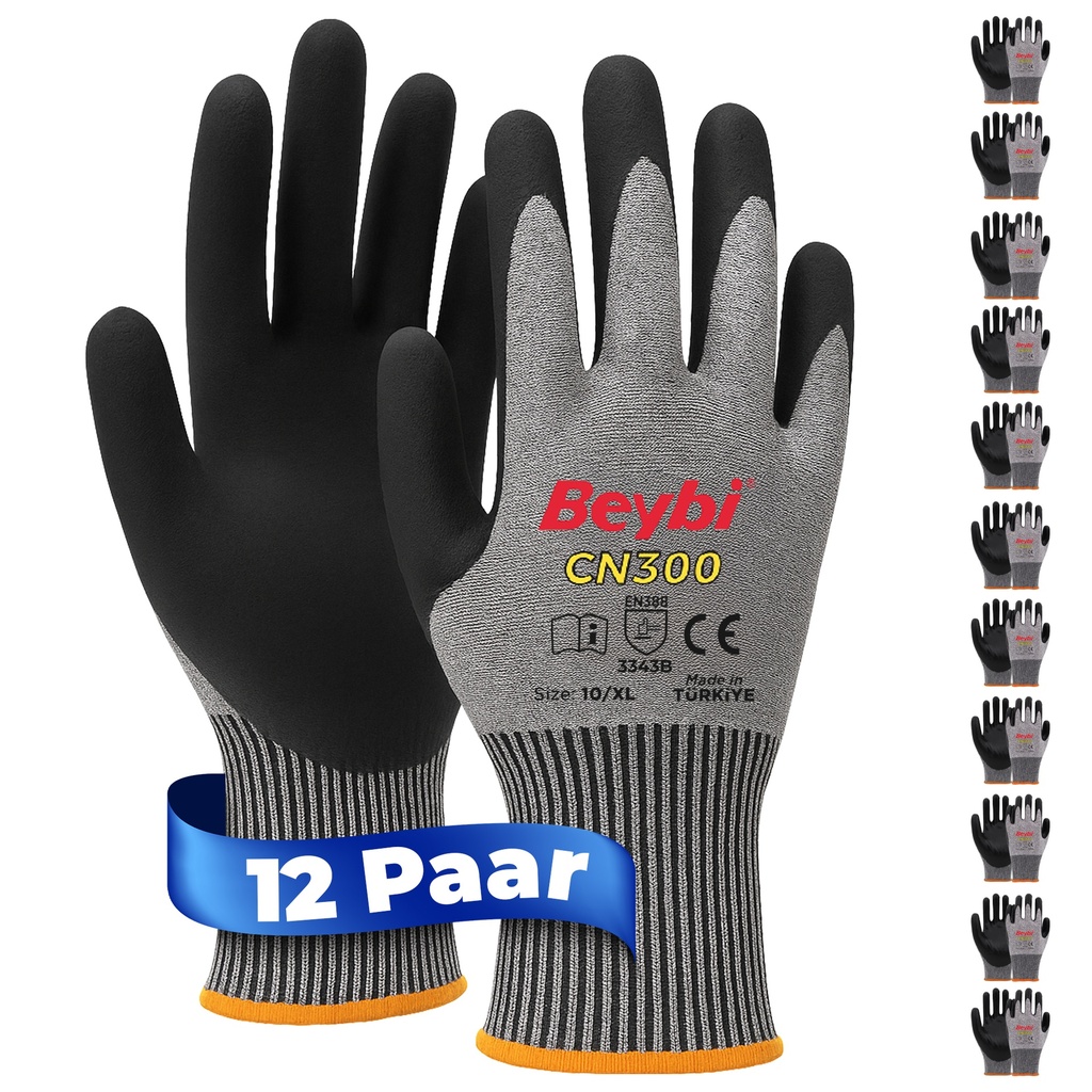 Beybi | 12 Paar Arbeitshandschuhe, Nitrile 1/2 Coated, robust