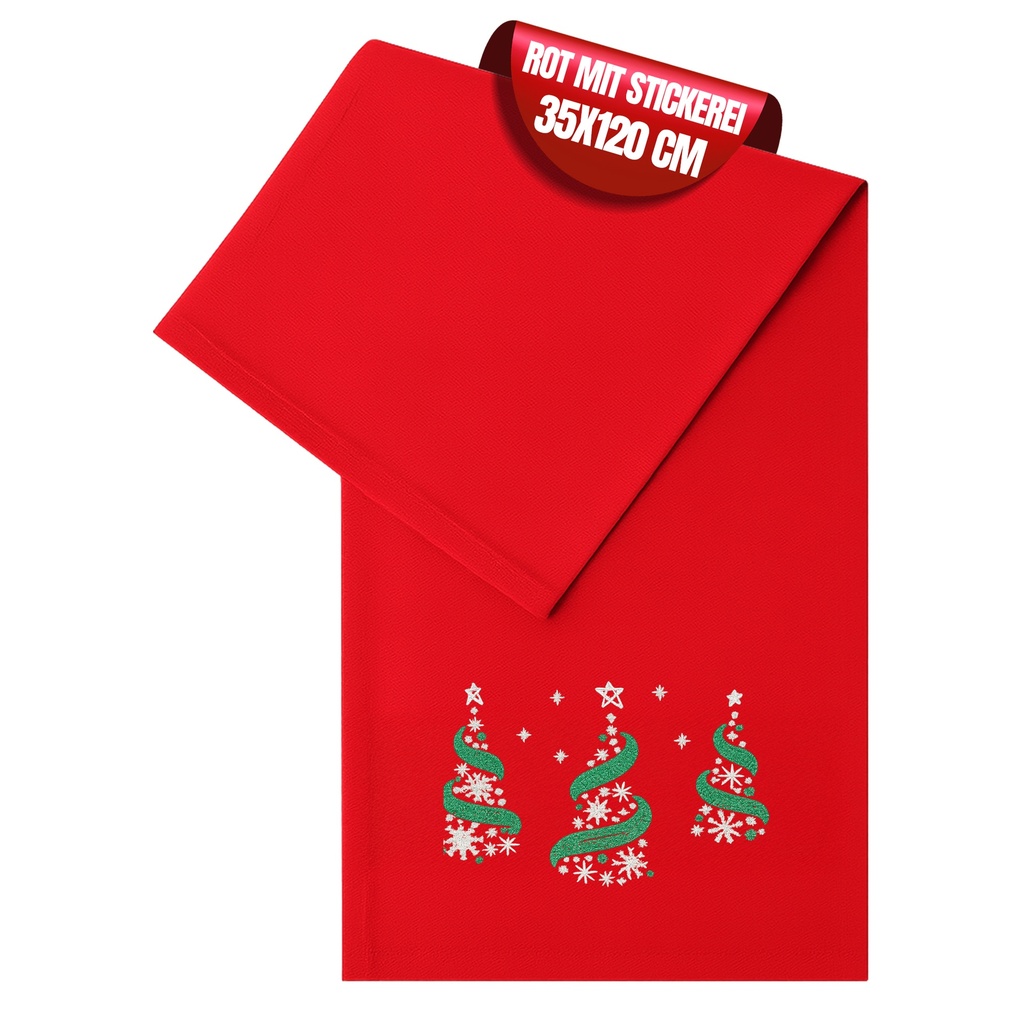 Weihnachtlicher Tischläufer Rot mit Tannenbaum-Stickerei 35x120, Weihnachtsdeko