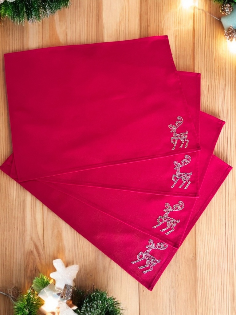 Tischsets Weihnachten, 4er Set Rot Gold Rentier-Stickerei, Abwaschbar 45x35 cm