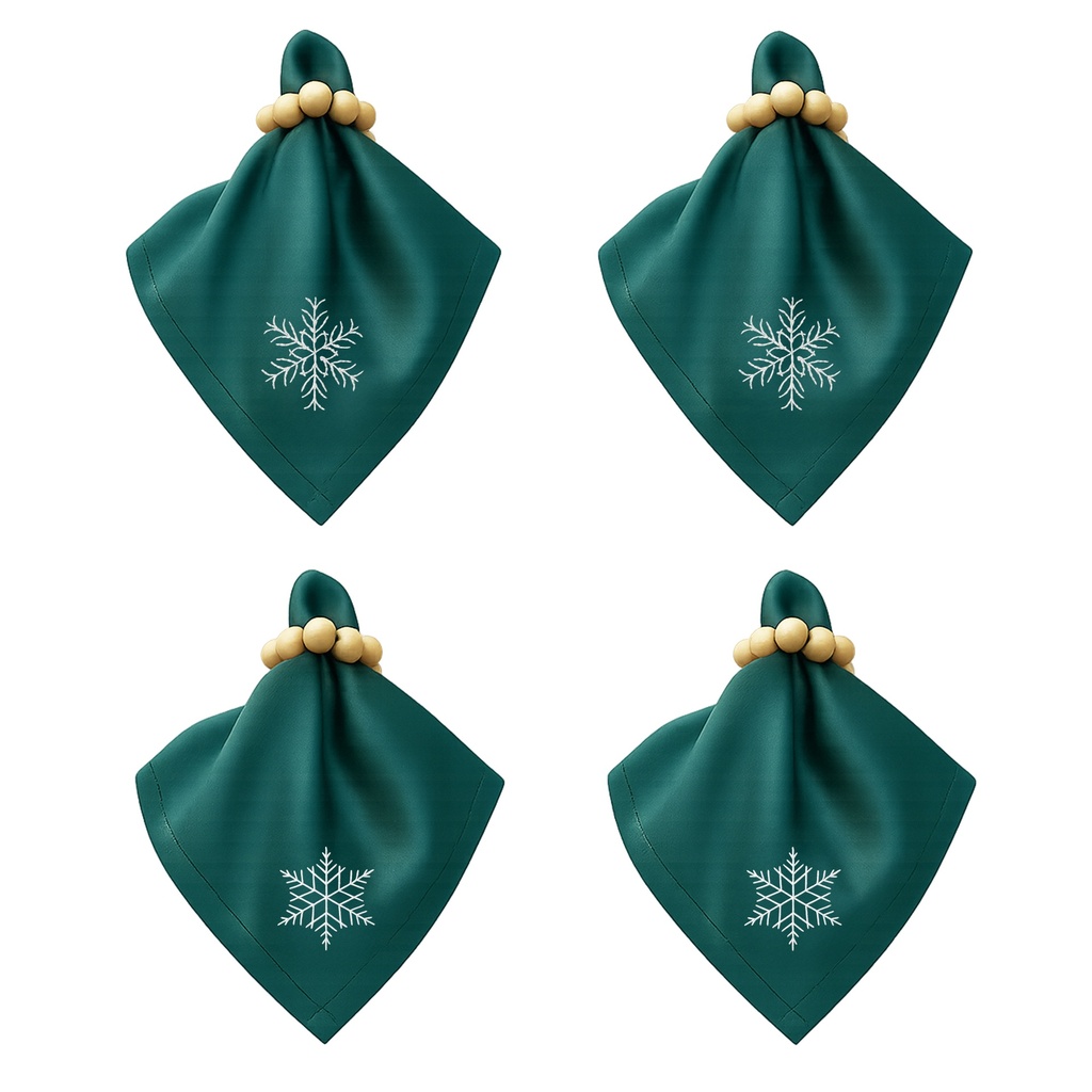 Stoffservietten Weihnachten 4er Set Zümrütgrün Schneeflocken-Stickerei 35x35 cm - Stickerei