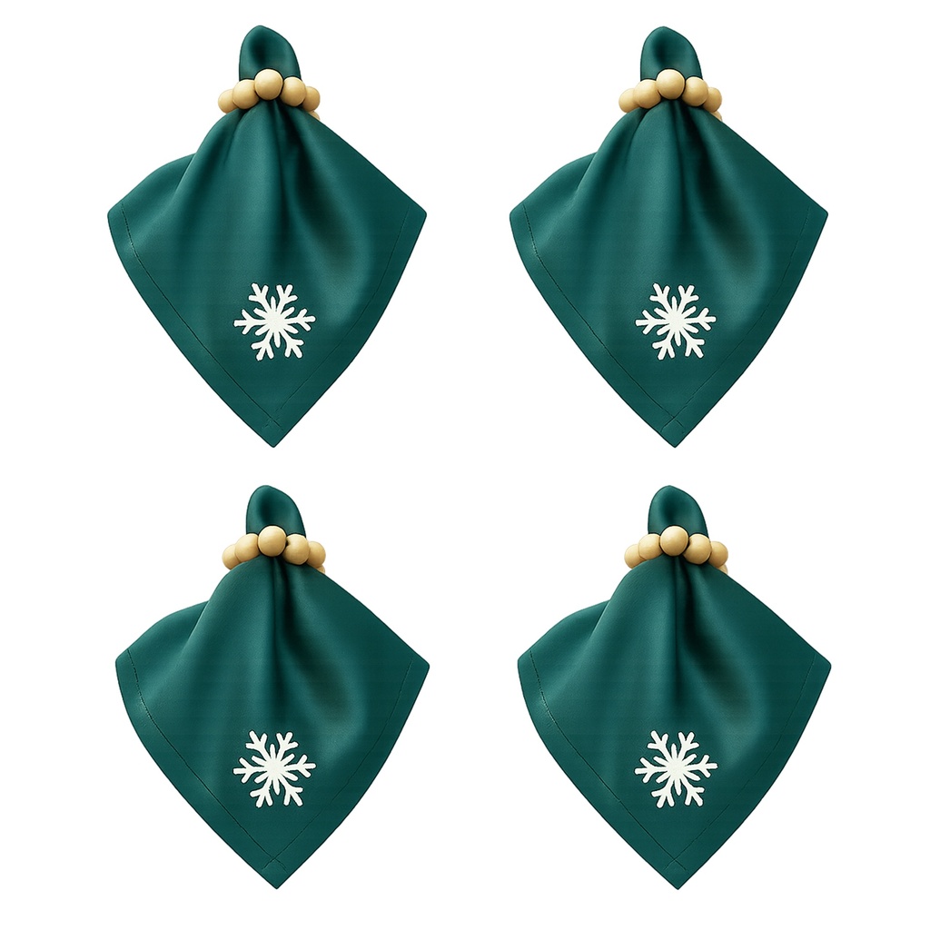 Stoffservietten Weihnachten 4er Set Zümrütgrün Schneeflocken-Stickerei 35x35 cm