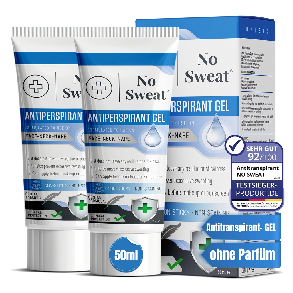 2 Stück No Sweat Antitranspirant Gel 50ml - Stark gegen Schwitzen im Gesicht, Hals, Nacken
