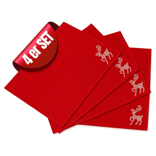 [G-819823] Tischsets Weihnachten, 4er Set Rot Gold Rentier-Stickerei, Abwaschbar 45x35 cm