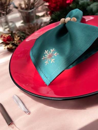 [G-421019] Stoffservietten Weihnachten 4er Set Zümrütgrün Schneeflocken-Stickerei 35x35 cm