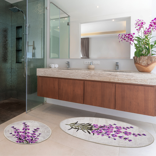 [G-564628] Miqna 2-teiliges Badteppich Set Lavendel Motiv Oval 60x100cm & 50x60cm